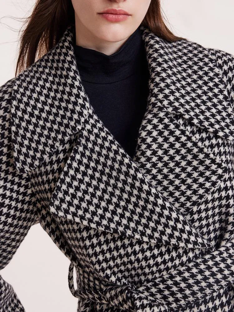 Washable Wool Houndstooth Coat With Belt