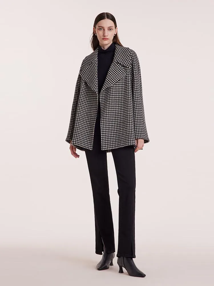 Washable Wool Houndstooth Coat With Belt