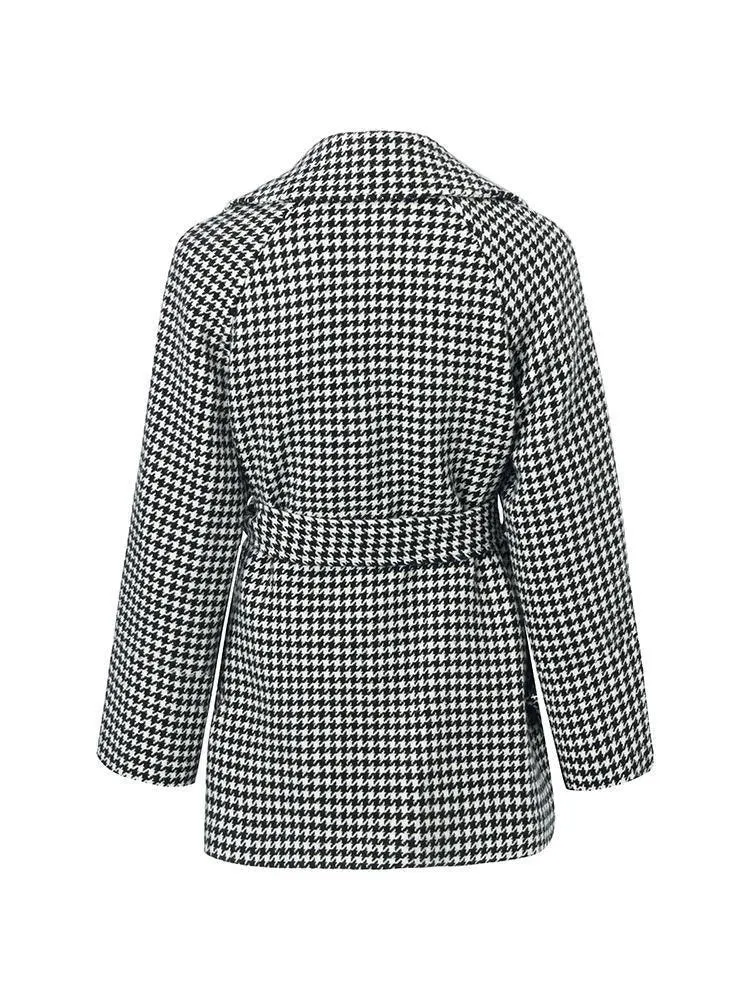 Washable Wool Houndstooth Coat With Belt