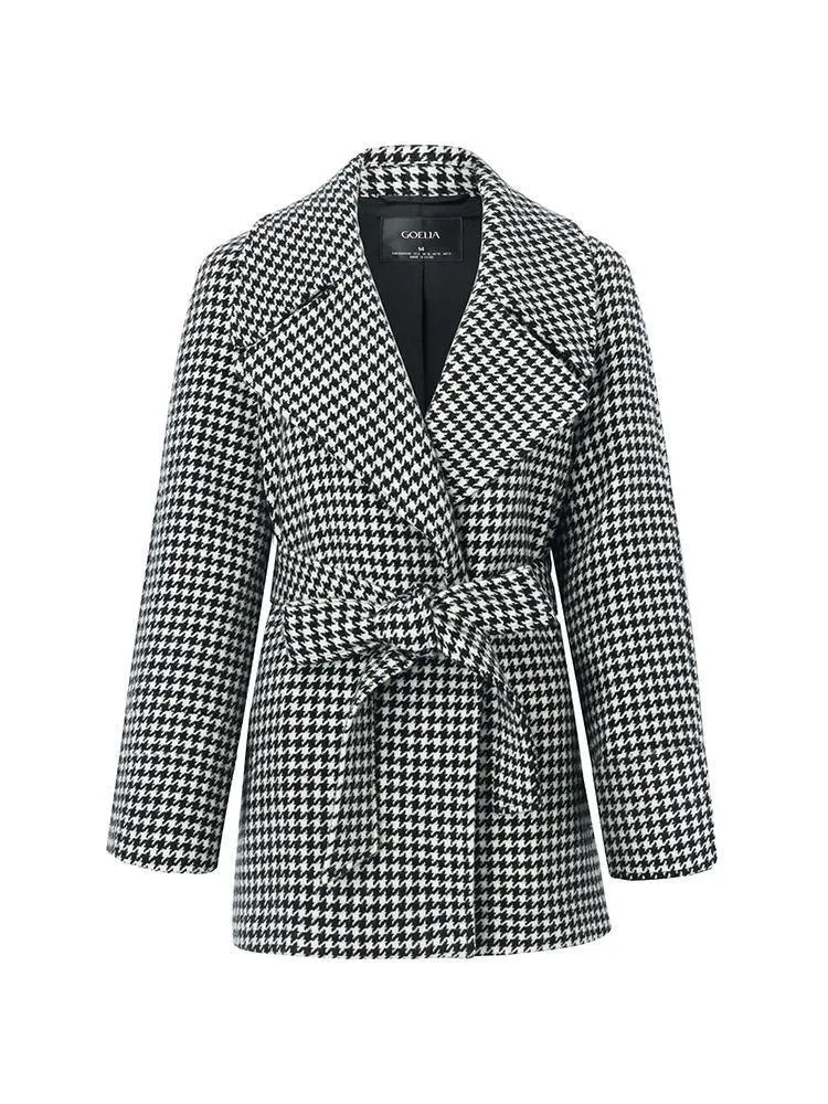 Washable Wool Houndstooth Coat With Belt