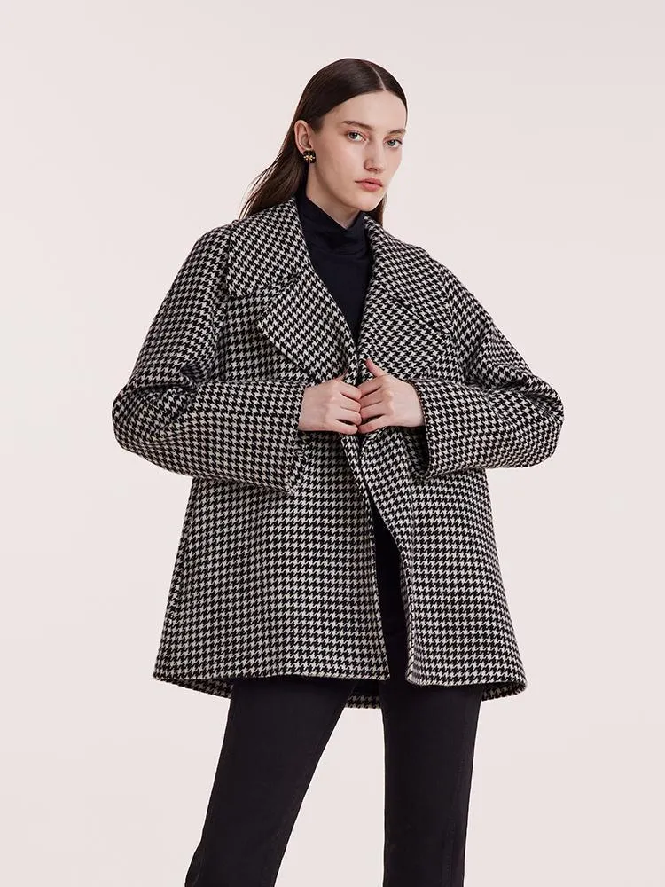 Washable Wool Houndstooth Coat With Belt