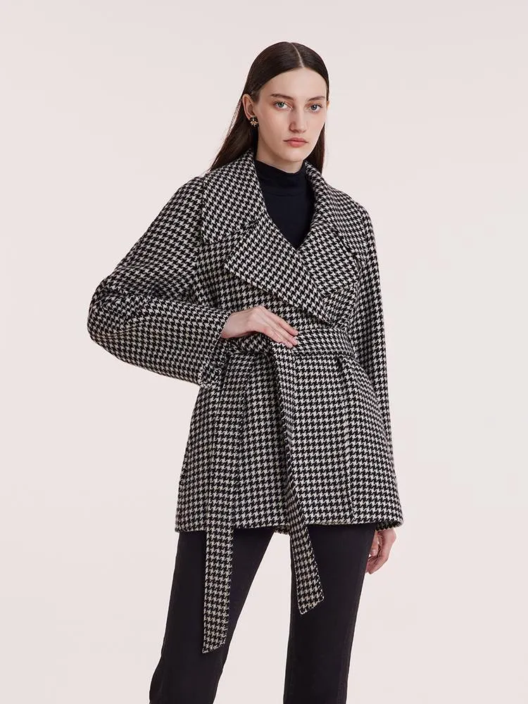 Washable Wool Houndstooth Coat With Belt