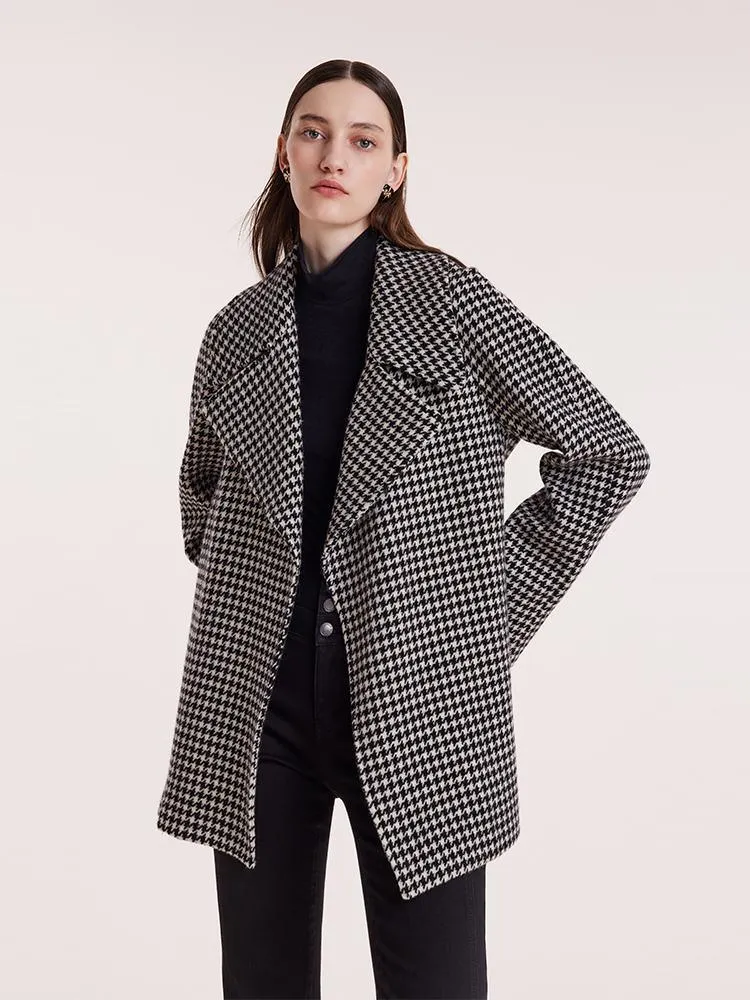 Washable Wool Houndstooth Coat With Belt