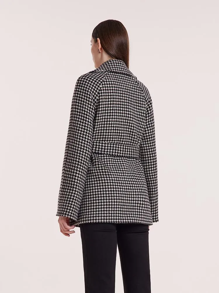Washable Wool Houndstooth Coat With Belt