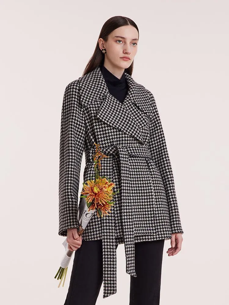 Washable Wool Houndstooth Coat With Belt