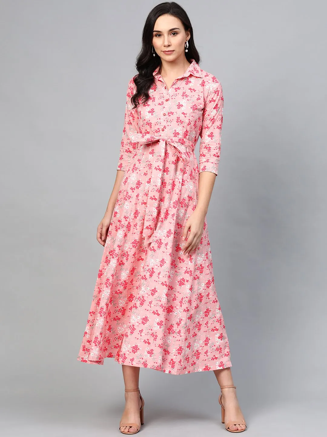 Women Pink Floral Printed Shirt Collar Cotton A-Line Dress