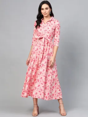 Women Pink Floral Printed Shirt Collar Cotton A-Line Dress