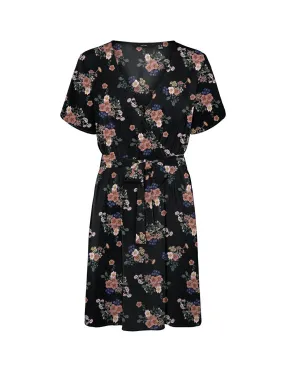 Women's Floral Printed Self-Belted Dress,Black