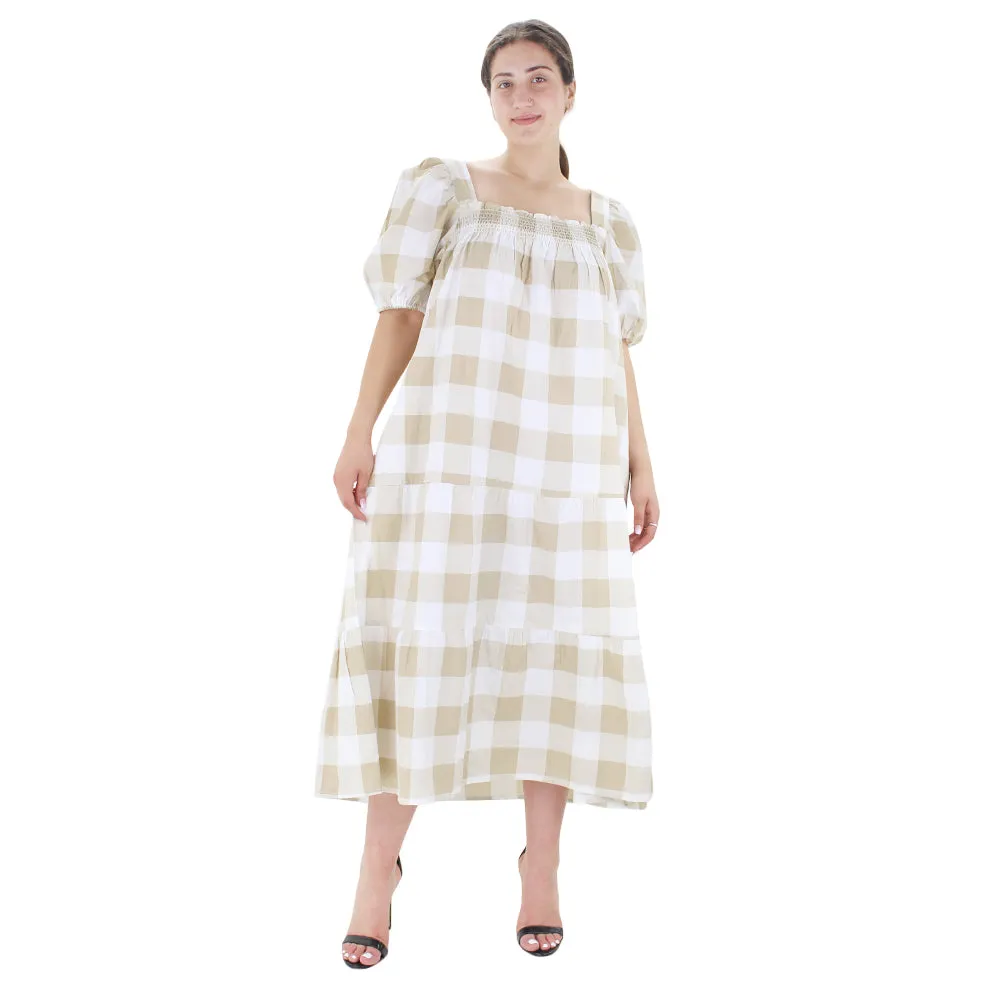 Women's Plaid Smocked Dress,Beige/White
