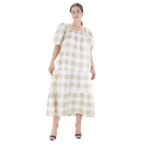 Women's Plaid Smocked Dress,Beige/White