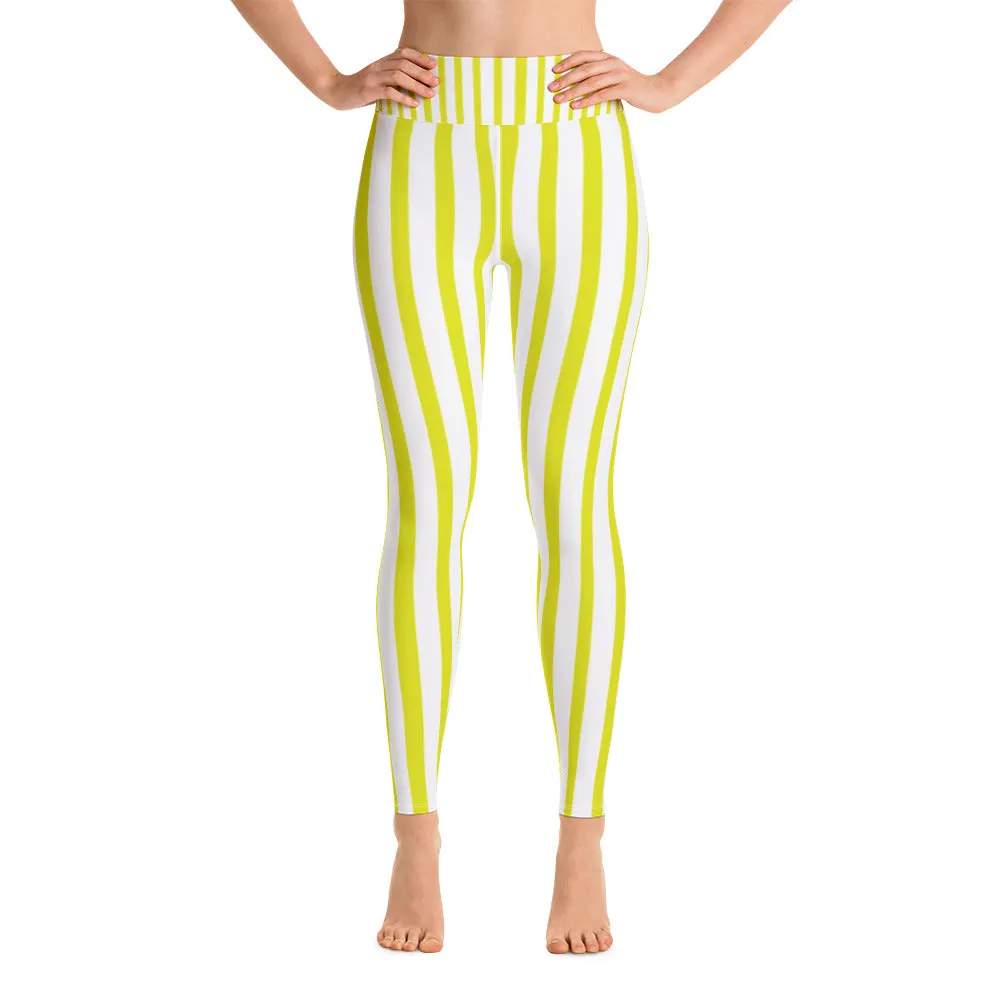 Yellow Striped Women's Leggings, White Active Wear Long Yoga Pants-Made in USA/EU