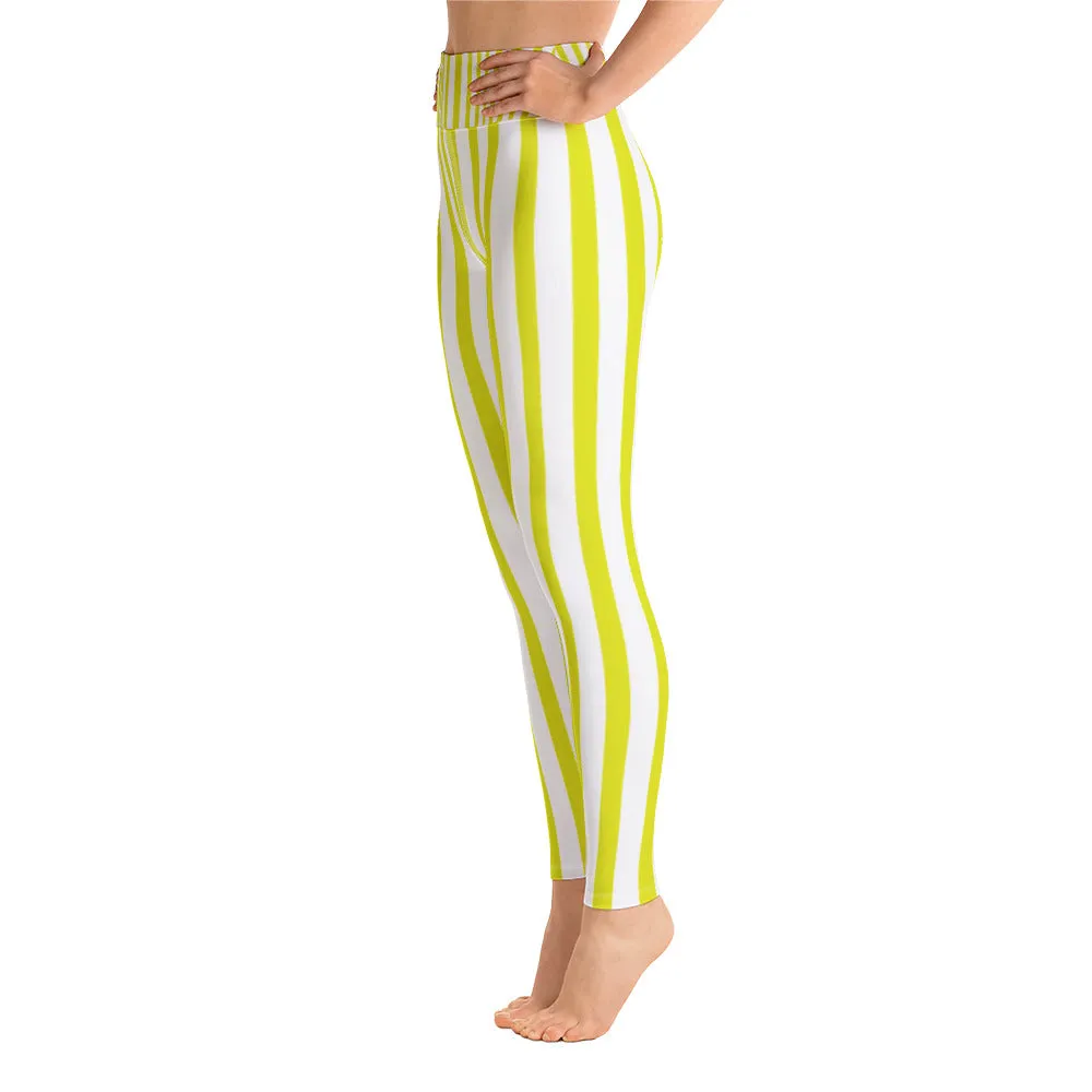 Yellow Striped Women's Leggings, White Active Wear Long Yoga Pants-Made in USA/EU