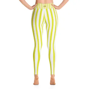 Yellow Striped Women's Leggings, White Active Wear Long Yoga Pants-Made in USA/EU
