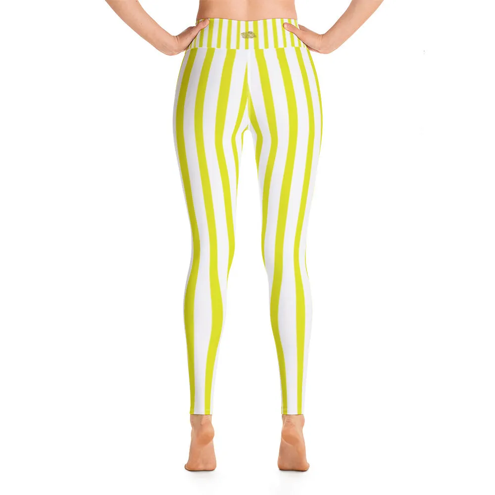 Yellow Striped Women's Leggings, White Active Wear Long Yoga Pants-Made in USA/EU